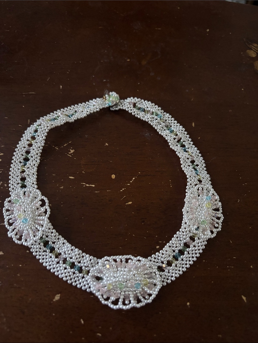 Susan Alexandra White Beaded Lace Necklace with Iridescent Accents